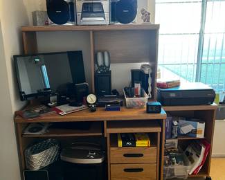 Office desk, DELL monitor, paper shredder, panasonic stereo, printer and office supplies