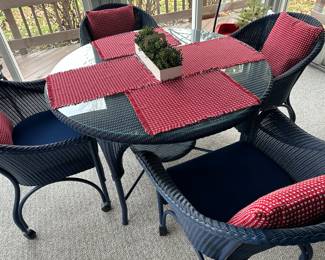 BUY IT NOW $300
5 pc Wicker Table and Chairs (chairs are on rollers) EXCELLENT CONDITION!! Kept inside (placemats, red pillows and centerpiece not included)