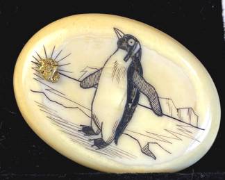 Artist signed Scrimshaw with gold nugget