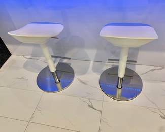 $200 - Pair scoop seat adjustable barstools with footrests each 26.5" H, 15.25" W, 13" D, seat height 23"