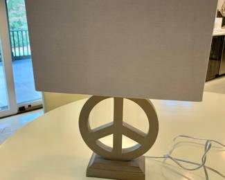 $75 -  Peace sign table lamp with linen shade 20" H, base 6" W x 3.25" D, shade 14" W