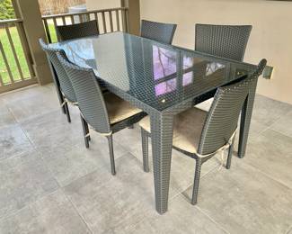 $350 - Resin wicker table and chairs - Table:  30" H, 71" L, 35.25" W.  6 Chairs: each 34" H, 20.5" W, 20" D, seat height 18"  
