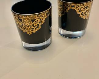 $20 set- ARC black/gilt glasses- each 3.75" H, 3.25" diam