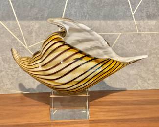 $60 - Hand Blown Shell Art Glass Pocket Vase Sculpture -  8" H, 11" W, 4" D