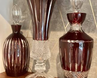 Ruby cut glass set - $120 - decanter left: SOLD $120 - vase center: 14" H; $120 - decanter right SOLD 