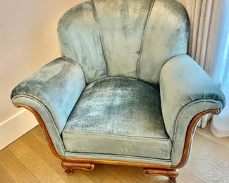$395 - Vintage art deco blue velour fabrice armchair 33" H, 38" W, 28" D, seat height 17"