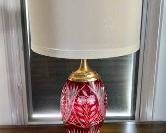 $250 - Ruby cut glass lamp #2 - 27" H, oval base 6.5" x 5"