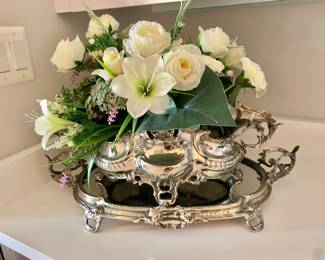 $350 - Silvered metal mirrored tray centerpiece/jardiniere  - 17" H, tray: 23" L, 13" W, 4.5" H, 