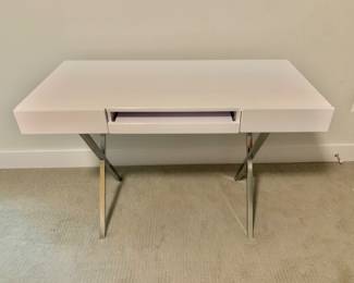 $150 - Workstation Computer Desk, White Wood Top & Chrome Metal Base, with 2 Storage Drawers & Pull-Out Keyboard - 30" H, 45.25" W, 21.75" D