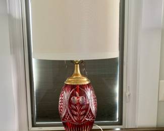 $250 - Ruby cut glass lamp #1 - 27" H, oval base 6.5" x 5"