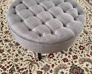 $150 - Grey linen tufted ottoman - 17" H, 33.5" diam