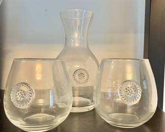 $65 -Juliska Berry & Thread Glassware Wine Carafe Set  -carafe: 7.5" H, 4" diam; glasses each 4" H, 4" diam