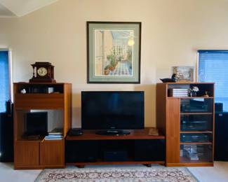 roll front teal cabinet, teak media cabinet, media stand ,flat screen