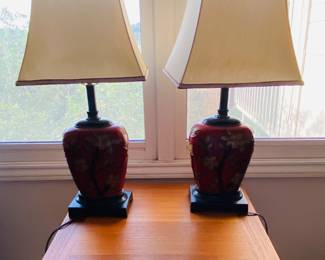 teak folding table , pair chinois style red lamps