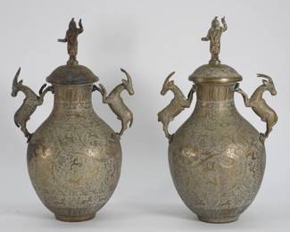 97 FINE PR Indian Brass Bird Handled Vases