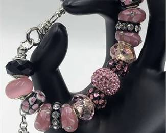 Sterling, Pink Black Charm Bracelet 