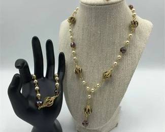 Carnelian Faux Pearl Necklace, Bracelet  Earring Set 