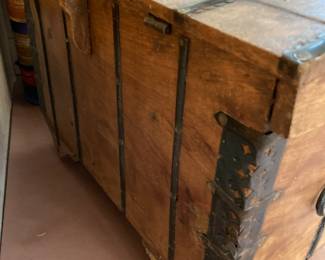 Antique Hump Back Trunk, Hope Chest, Wedding Dowry Chest, made of wood, tin metal, and brass - wood wheels, 24" W x 17" H x 15" D, $250