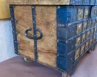 Antique Hump Back Trunk, Hope Chest, Wedding Dowry Chest, made of wood, tin metal, and brass - wood wheels, 24" W x 17" H x 15" D, $250