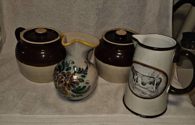pitchers and vintage bean pots