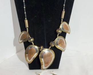 Brass, Silver, Copper Toned Necklace And Earrings