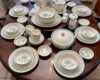 huge set of Mid-Century Franciscan Tulip Time dishes. Service for 8 (missing one salad bowl) and lots of serving pieces.