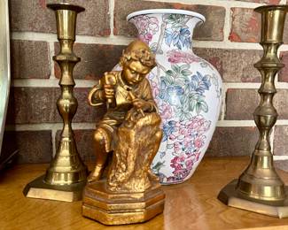 brass candlesticks, sculptor figurine, oriental vase