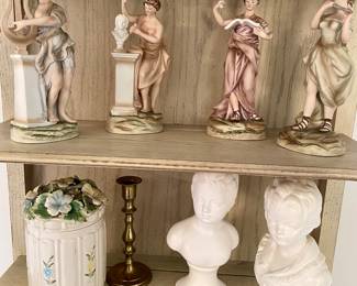 set of 4 porcelain goddess figurines, matte white boy and girl busts, porcelain floral biscuit jar