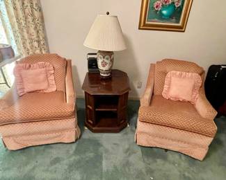 pair of pink club chairs, mahogany end table