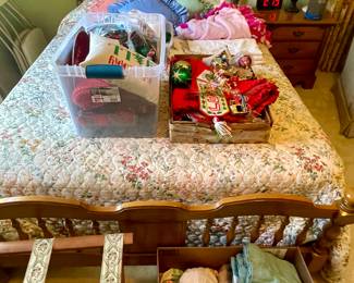 Lenoir House queen bed, vintage Christmas items & ornaments, folding suitcase rack