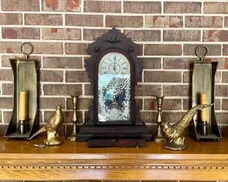 pair of brass candle sconces, pair of pheasant figurines, nice antique mantle clock