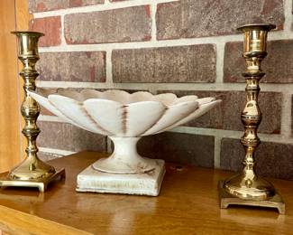 Haeger compote, brass candlesticks