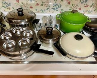 Club aluminum skillet, enameled cast iron pot with lid, Amway Queen stainless pots and pans