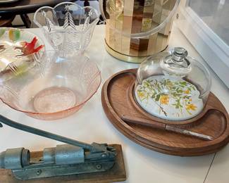 mid century ice bucket, cheese dish, nut cracker, pink depression veggie bowl