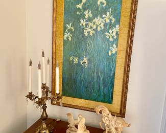 lighted brass candleabra, large floral print, pair of duck figurines, horse figurine