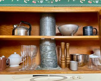 colander, Revere kettle, wood S&P shakers, syrup jar, wine stems