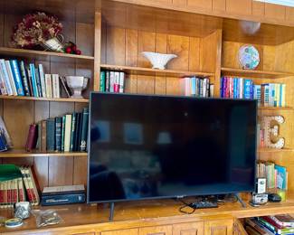 48" vizio tv, books, green glass banker's lamp