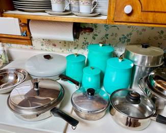 vintage turquoise canister set, skillets