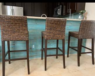 3 Rattan Bar Stools    $60.00  each  or 3 for $150.00.          H 41” 
Seat H 29 1/2”
Seat D 17”
W 17 1/2”                                                                                