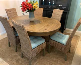 Leaf Dining Table and 6 Woven Chairs       $140.00              Table
H 29 3/4”
L 66 1/4”
W 48”

Chairs
H 41” Backrest 
H 17 3/4” Seat w/o cushion 
H 20” With cushion 

Seat Depth 15 1/2”
W 16”