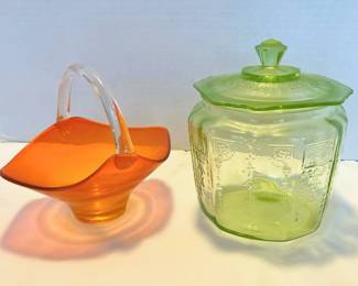  010 Uranium Green Glass Cookie Jar Viking Glass Orange Basket