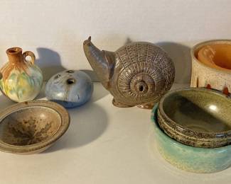8 Pottery Pieces Cute Snail Figurine, 2 Small Vases,  More 