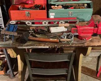 Primitive Desk And Chair With Craftsmen Bench Vise, Two Metal Toolboxes, And Hand Tools