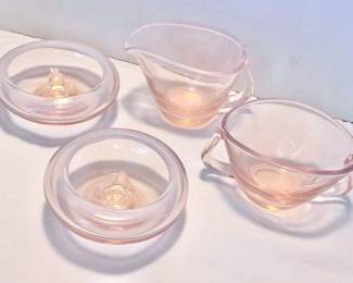 Fostoria Seascape Pink Opalescent Candle Holders Sugar Creamer Dishes
