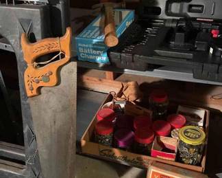 Plastic Sawhorses, Craftsman 3 8 In. Cordless Drill Driver, Craftsman 1 4 In. Pistol Grip Electric Drill, Battery Charger, And Additional Hardware