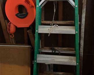 Cuprum Aluminum Ladder, Wooden Ladder, And Two Hanging Light Fixtures