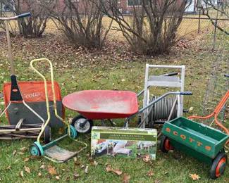Scotts Rotary Lawn Mower, Wheelbarrow, Gardening Hose, And More 