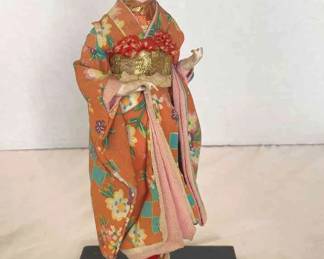 Vintage Japanese Doll On Wood Pedestal 