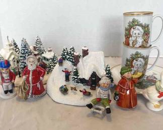 Two Fritz And Floyd Mugs, Two Thomas Kinkade Decorations, And Seven Goebel Figurines 