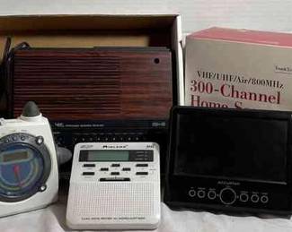 Emerson Weather Band Radio, Realistic Patrolman Scanning Receiver, RadioShack Home Scanner NIB, Midland Public Alert, And Accurian TV